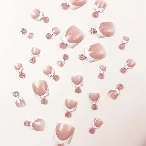 Weiße kurze gefälschte Fußnägel mit französischer Spitze Glitzer-Designs Style8 - Bild 2 von 7