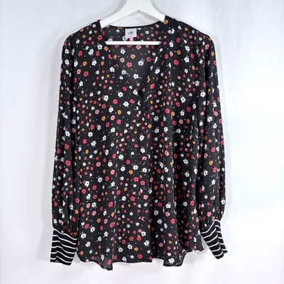 Cabi Cheerful Blouse Black Floral Mixed Media Striped Cuff V-Neck Women L