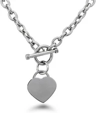 High Polished Stainless Steel Heart Charm Cable Chain Necklace with Toggle Clasp