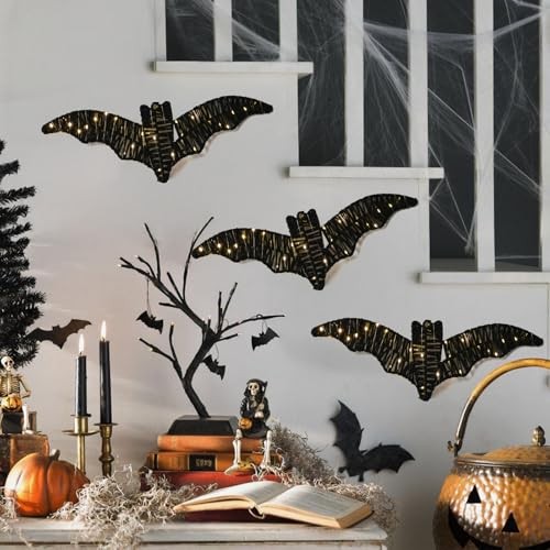 Halloween Deko Indoor Wanddeko: Klassische schwarze Rattan Fledermäuse mit LED - Bild 7 von 8