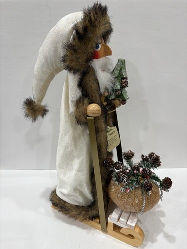 Rare 18" French Woodland Santa Nutcracker Wood Sleigh Cream Hat & Coat Fur Trim - Picture 3 of 18
