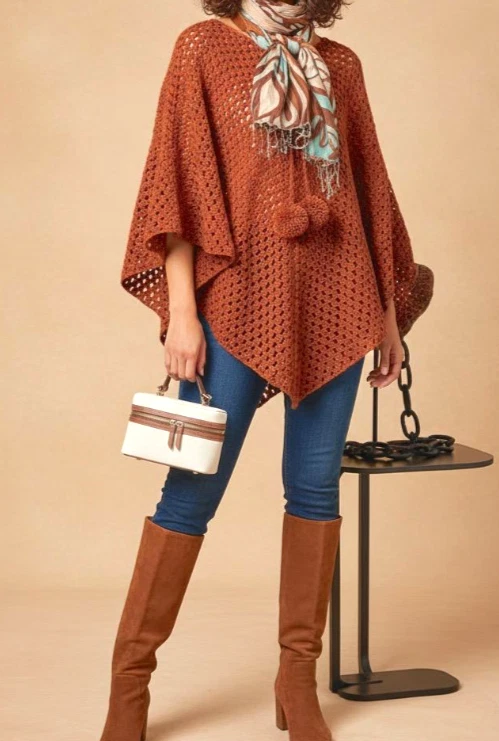 Rust- Copper Handmade luxury Crocheted Ladies Poncho | Pom-Pom Tie Neckline