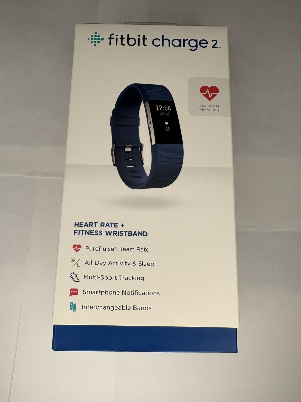 Fitbit Charge 2 (FB407) Black Fitness Tracker w/ Charger & Blue Band Size S-L