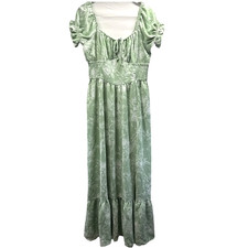 Four Hearts Women's Babydoll Dress Size L Green Floral Cottagecore Milkmaid Slit