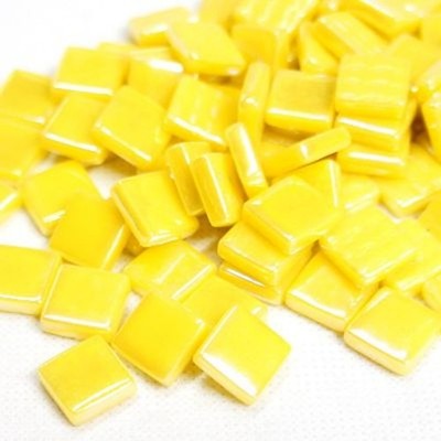50 Tiles - 12 mm Iridescent Yellow Opal Glass Square Mosaic Tile Pieces