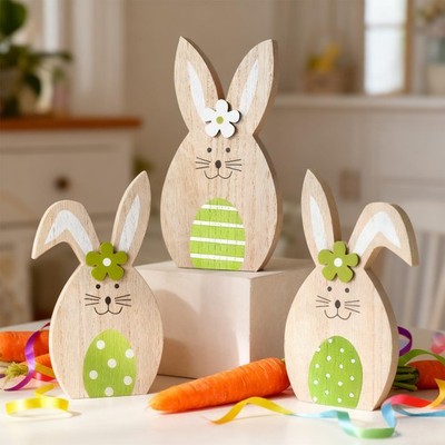 Easter Bunny Decorations 3 Pcs Wooden Rabbits Spring Small, Wood Color 