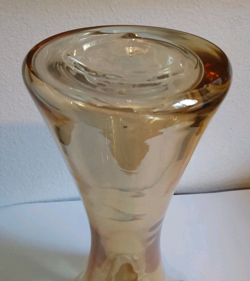 Zorza Poland Ruffled Art Glass Vase w/Tag-Amber w/Irredescence 14" Tall X 7.25 