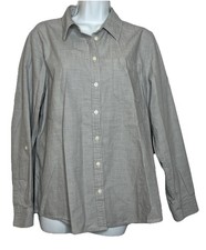 Lands End Women's L 14-16 Gray 100% Cotton Button Front Long Sleeve Shirt