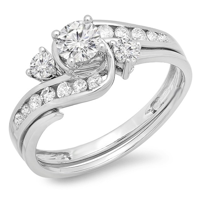 0.90 Carat 10k White Gold Diamond Swirl Bridal Engagement Ring Set 1 CT