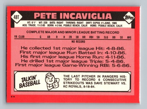 1986 Topps Traded Pete Incaviglia #48T - Texas Rangers - NEAR MINT to MINT - Picture 2 of 2