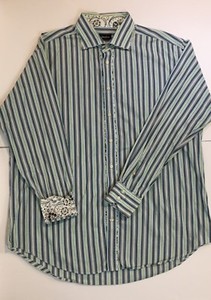 Neiman-Marcus-Mens-XXL-Shirt-Blue-Green-Stripe-Floral-Flip-Cuff-Button-Down-L-S