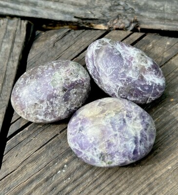 3 PCS Hand Polished LEPIDOLITE Healing Crystal Palm Stone Pebble Lot MADAGASCAR