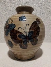 Stoneware Vase Made In Japan Hand Painted Butterflies And Flowers