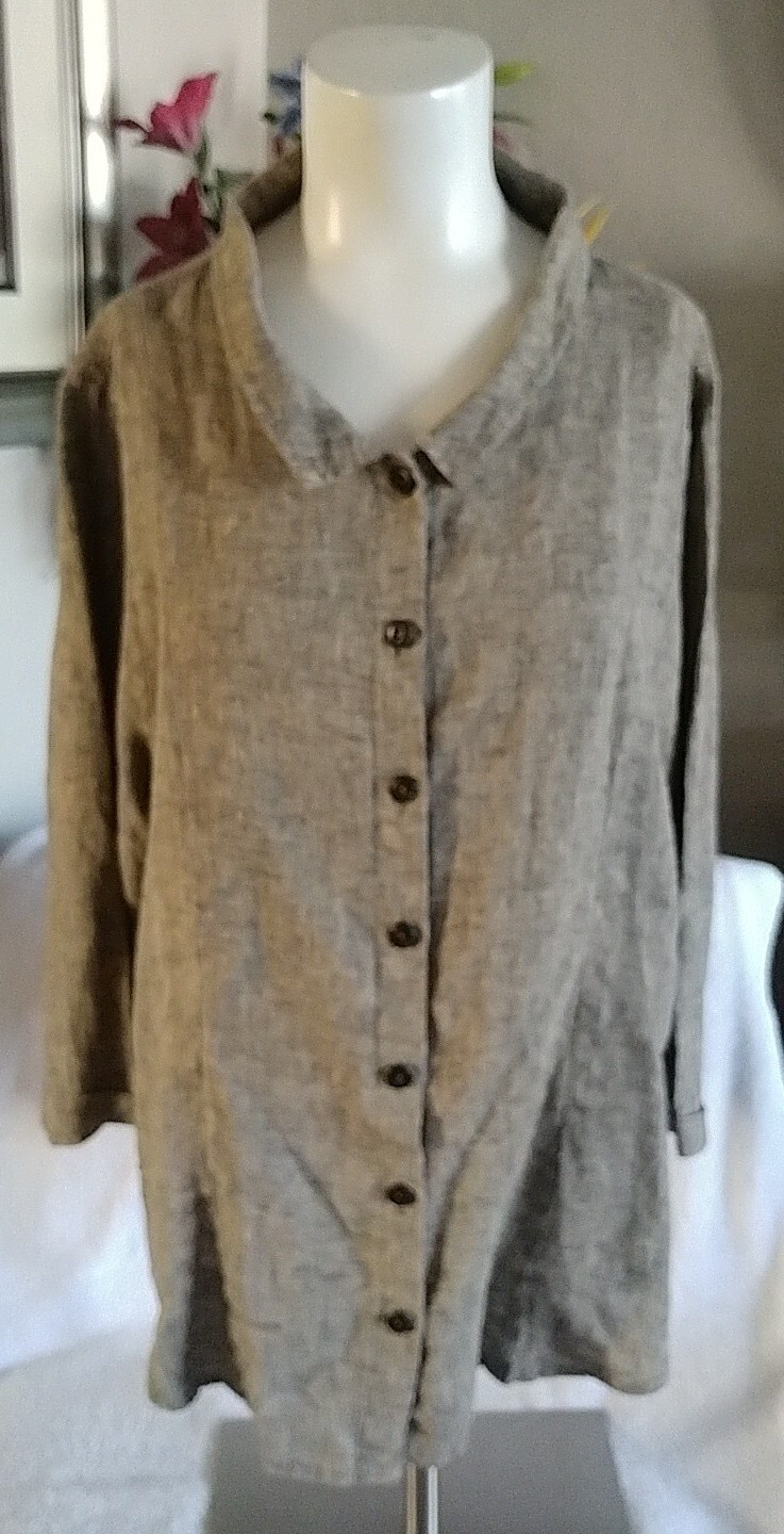 Flax Heathered Brown Button Down Collared Blouse … - image 1