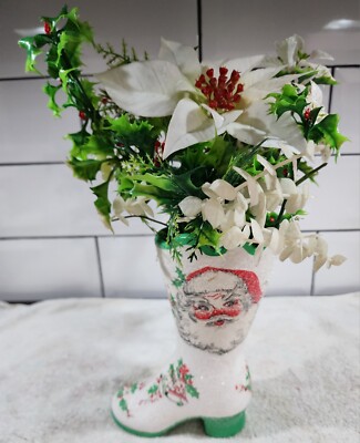 Vintage Ceramic Decoupaged White/green Santa Boot Shaped Vase