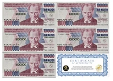 TURKEY 1,000,000 Lira qty 5 (5 MILLION TL Total) 1970-2002 UNC BANKNOTE USA