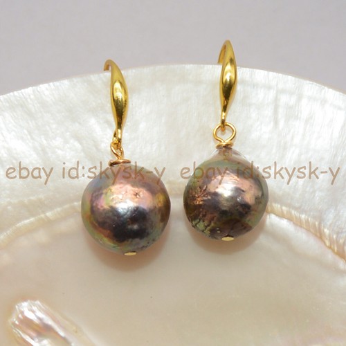Huge 12-14mm Real Natural South Sea Baroque Black Edison Pearl Dangle Earrings - Picture 4 of 5