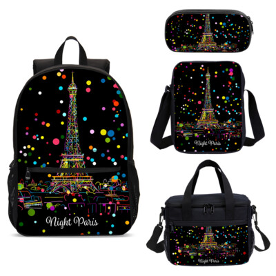 Night Paris Eiffel Tower Stars Kids School Backpack Cooler Lunch Bag Pen Bag Lot