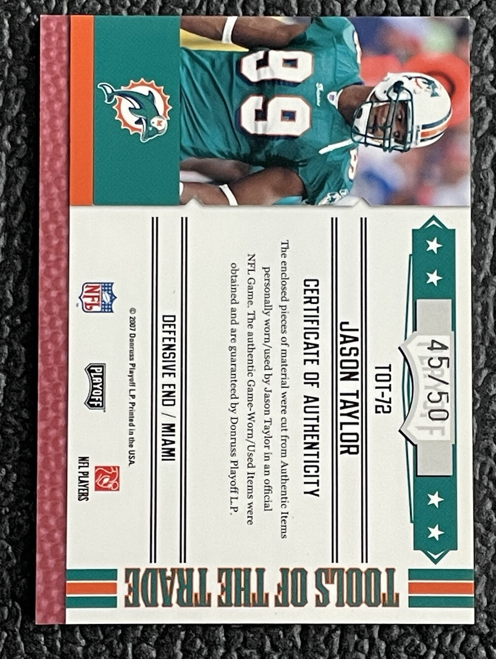 🔥JASON TAYLOR 2007 AM TOTT SPECTRUM BLACK GAME USED JERSEY NUMBER PATCH /50!🔥 view 2