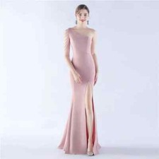 Vestito Abito Elegante Lungo Rosa Sirena Evento Spacco Scollato Sera 02083