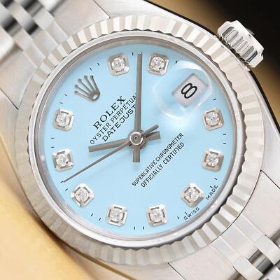 ROLEX LADIES DATEJUST 69174 AQUA BLUE DIAMOND DIAL 18K WHITE GOLD