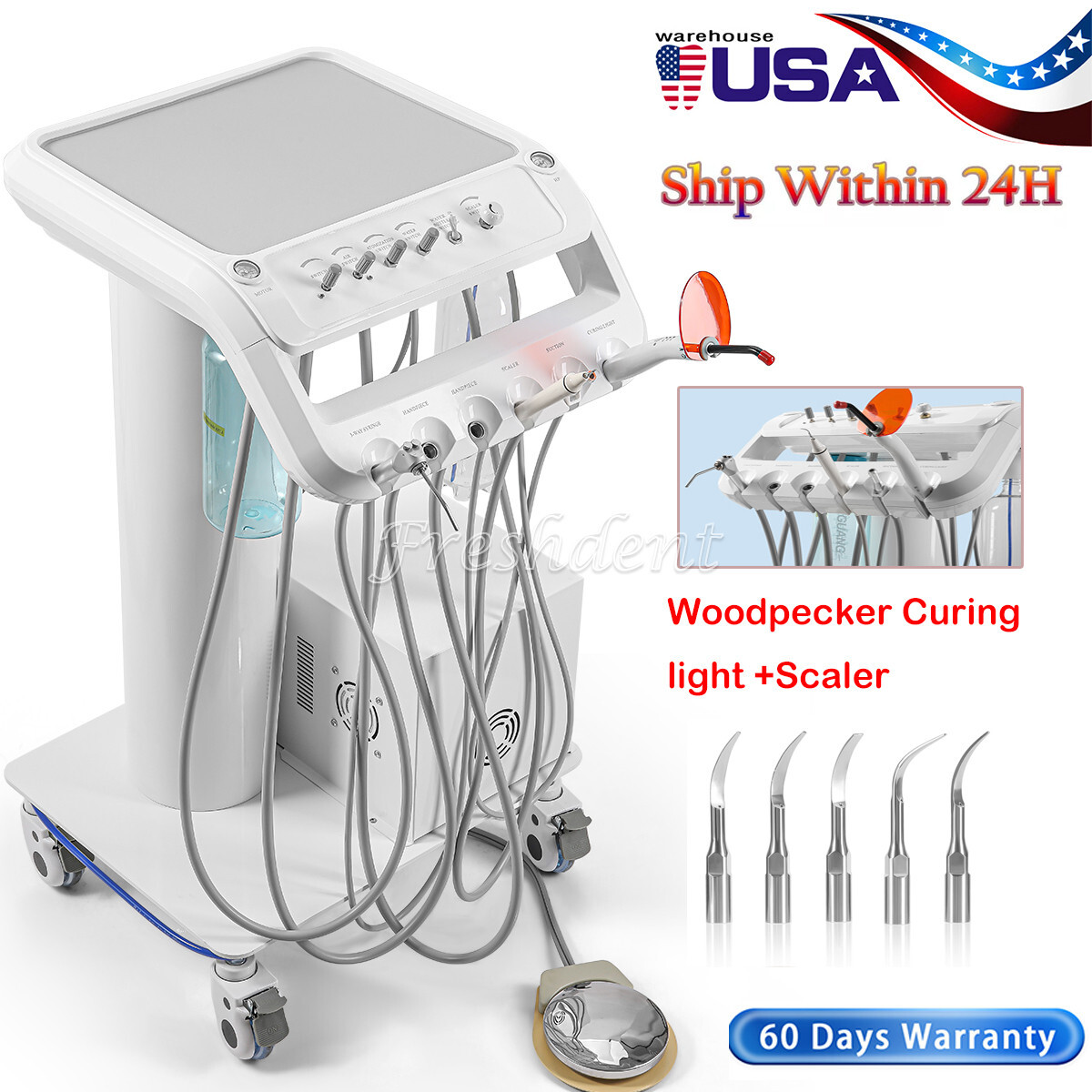 Portable Dental Delivery Unit Rolling Cart Syringe Suction Air Compressor 4Holes