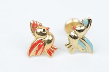 14k Yellow Gold Beautiful Enamel Bird Baby Earrings, Screw Back