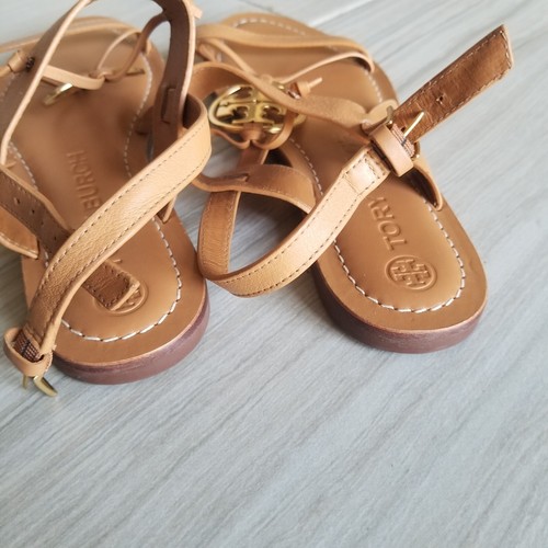 NEVER USED Tory Burch Slingback Strap Flat Sandal Camello Leather Sz 7M - Picture 4 of 12