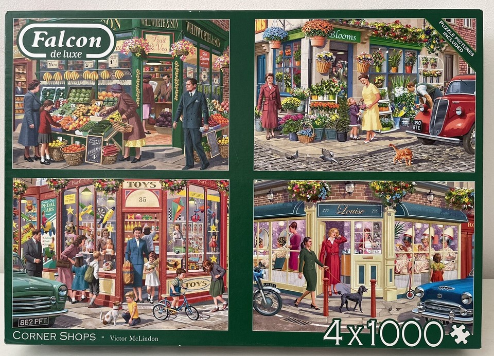 FALCON DE LUXE 4 x 1000 PIECE JIGSAW PUZZLES CORNER SHOPS NOSTALGIA