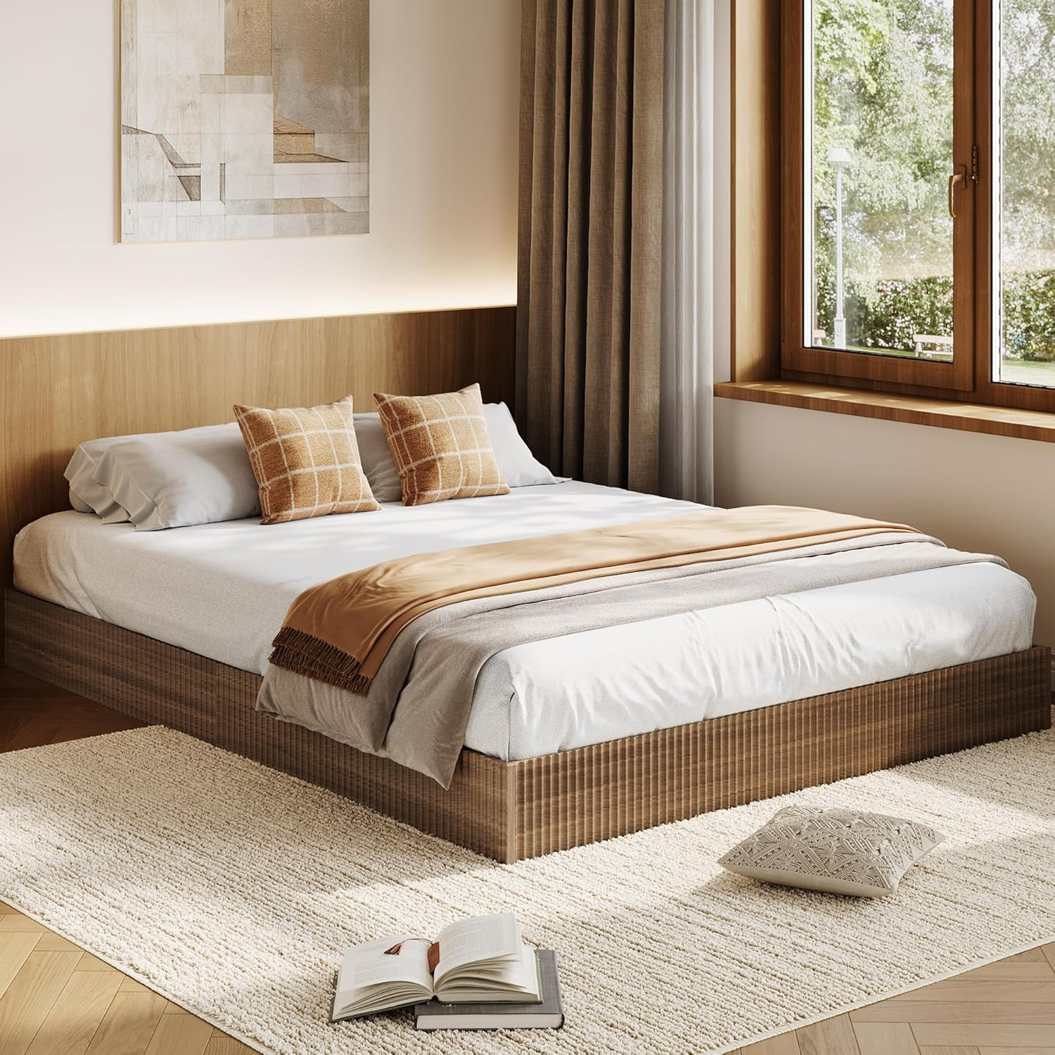 Walnut Wood Bed Frame, California King, Fluted Design, Easy 