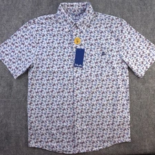 New Huk Fishing Shirt Small Kona White Crab Geometric Short Sleeve Button Down