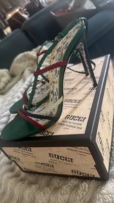 Gucci Women's Green Strappy Leather Stiletto Heels Floral Braided Accents 41