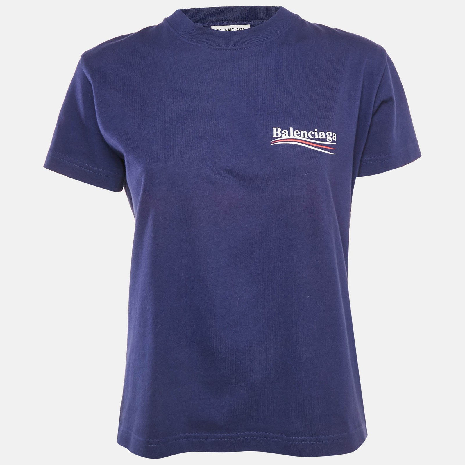 Balenciaga Dark Blue Cotton Logo Print Crew Neck T-Shirt L