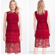 ZARA Contrast Embroidered Midi Lace Crochet Sheath Burgandy Red Dress Sz 6