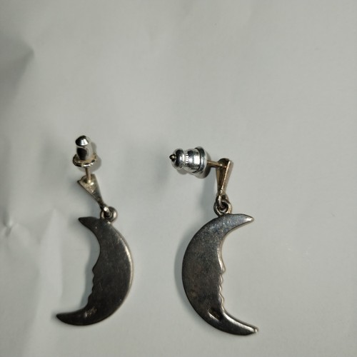 Vtg Estate Sterling Silver Crescent Moon Man Earrings Marcasite Dangle Celestial - Picture 10 of 11