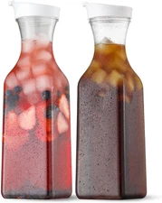 Plastic 50 Oz Water Carafe with Flip Top Lid, Set of 2 Square Base Juice Contain