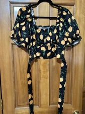 SHEIN 1X Black Crop Top With Wrap Around Tie And Oranges Pattern