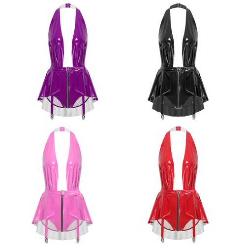 Women's PU Leather Halter V Neck Backless Bodysuit Zipper Crotch Leotard Dress - Picture 2 of 36