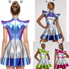 US Women Astronaut Cosplay Costume Aline Dress with Headwear Festival Rave Party
