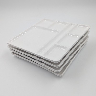 Crate & Barrel Square White Fondue Sushi Plate Dish 9  Lot Set Of 4 EUC