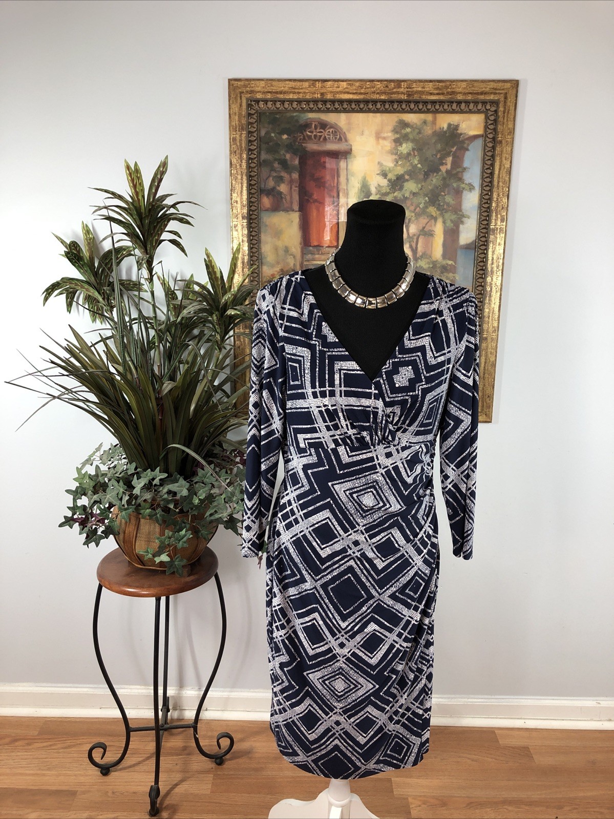 Lauren Ralph Lauren Women’s Size 10 Blue & White Geometric Print Sheath Dress