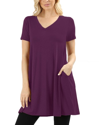 Bequemes kurzärmeliges Tunika-Top mit V-Ausschnitt und Seitentaschen S ~ 3X - Bild 11 von 13