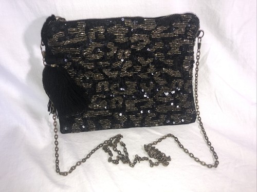 Elegante Schultertasche Handtasche schwarz Gepard Jaguar Perlen Weltmarkt 9 x 7,5 - Bild 1 von 9