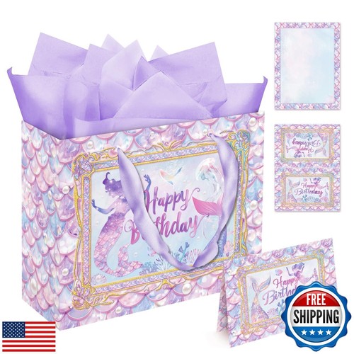 Okurishining 13" Mermaid Gift Bag with Handle, Girl Gift Bag Mermaid Birthday