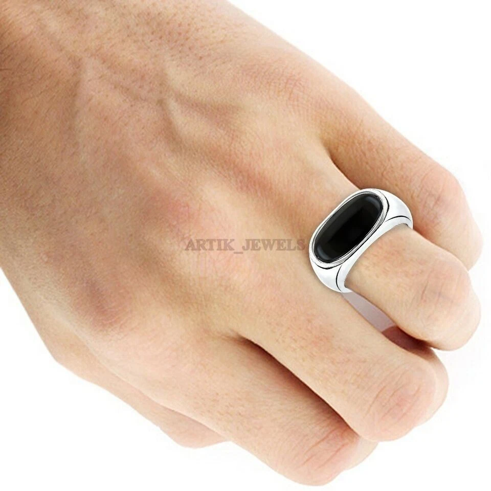 Natural Black Onyx Gemstone with 14K White Gold Plated Silver Ring for Men #1134 - Image 4 of 4