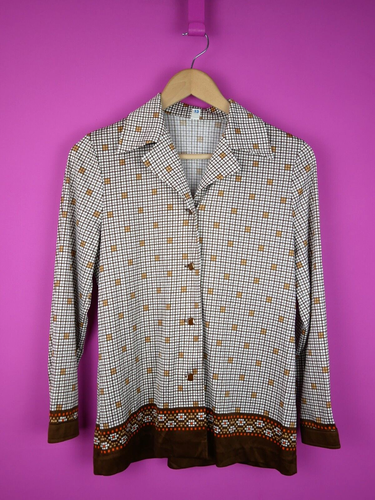 vintage 1970s retro pattern blouse brown mod geometric shirt top small 10 12 - Picture 2 of 14