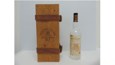 The Macallan 25 Year Empty Bottle with Wooden Box Stored Unwashed Used