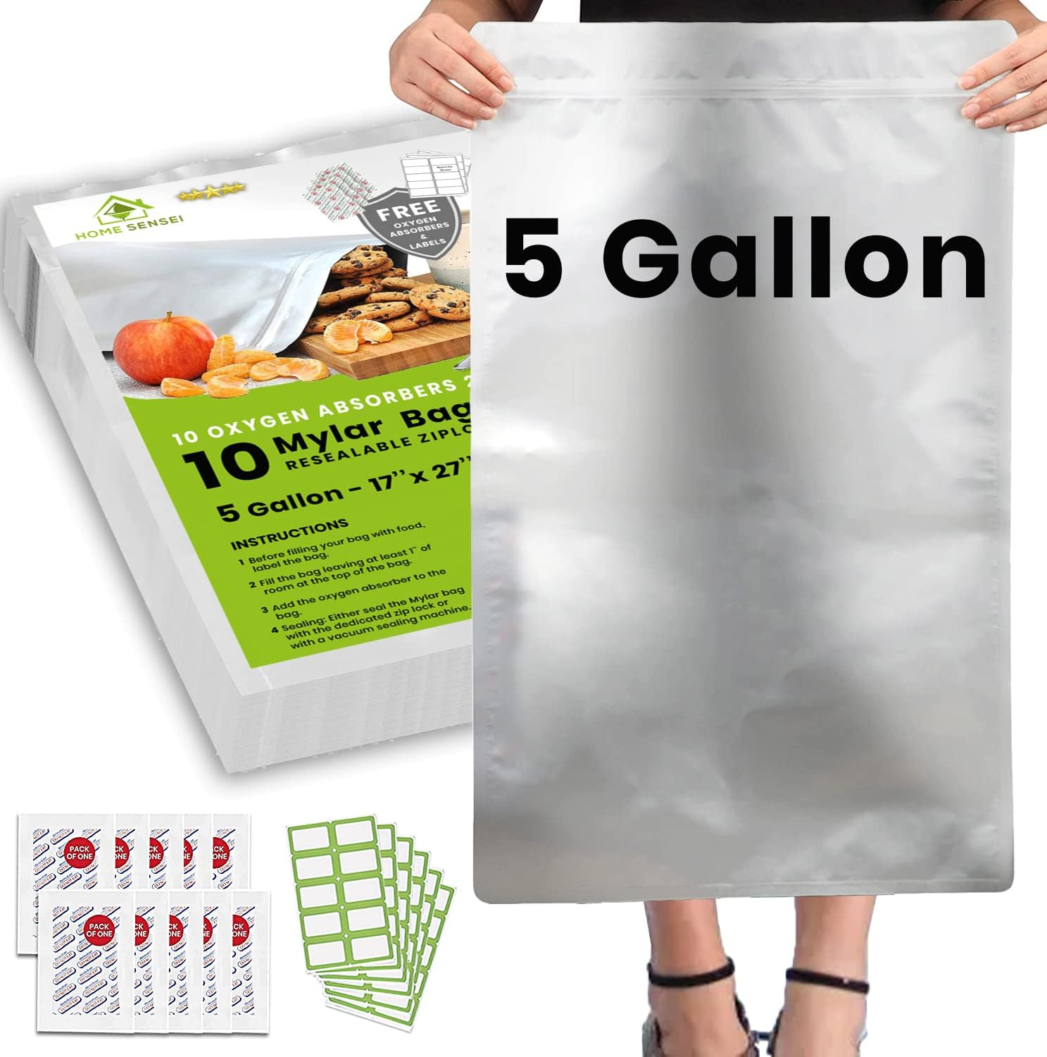 10Pcs 5-Gallon Mylar Bags for Food Storage - 10 Mil Thick - Extra Large 5G Bags