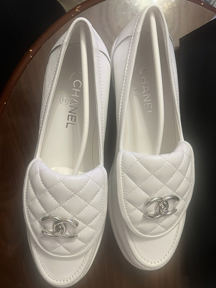 Chanel White Quilted Flap Turnlock CC Logo Mule Loafer, SZ Chanel White Quilted Flap Turnlock CC Logo Mule Loafer, SZ