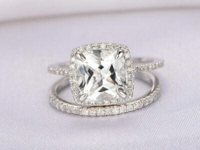 1.80Ct White Cushion Cut Moissanite Halo Engagement 925 Sterling Silver Ring Set